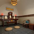 Traditional Chinese Buddhist Worship Hall Interior With Buddha Statues Altar Table Lanterns And Mats