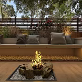 Relaxing Patio Garden Area With Wooden Pergola Sofa Fire Pit Grill And Lush Green Plants