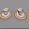 Elegant White Cups With Gold Rim And Saucers On Light Blue Background