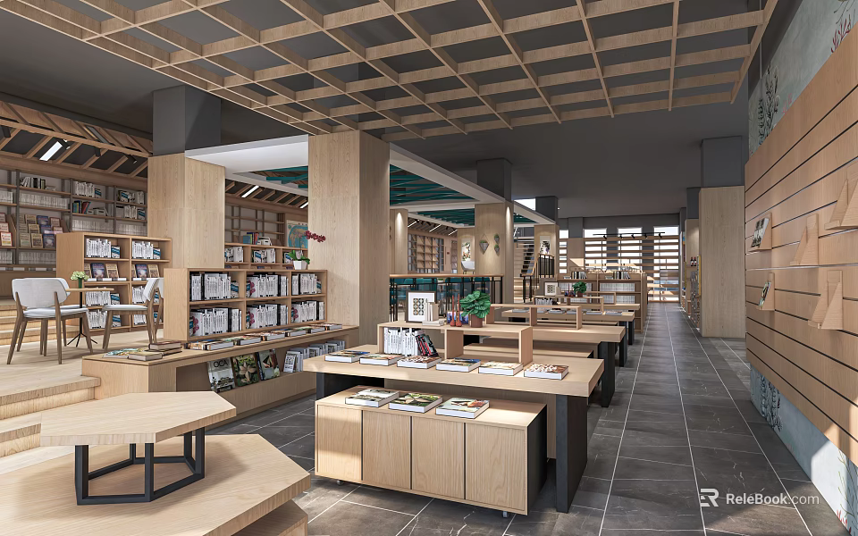 Artistic Bookstore Interior Design With Wooden Shelves And Display Tables 3d model 