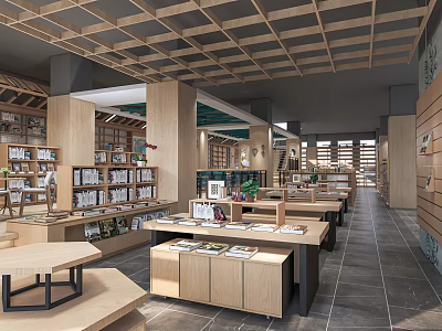 Artistic Bookstore Interior Design With Wooden Shelves And Display Tables 3d model