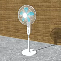 Standing Air Cooler Fan With White Body Blue Blades And Brown Woven Wall
