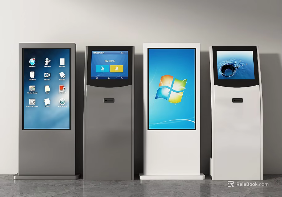 Commercial Equipment Standing Interactive Kiosks with Touch Screen Displays and Various Application Interfaces 3d model 