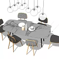 Modern Dining Table Set With Six Chairs Marble Tabletop And Hanging Pendant Lights 3d model