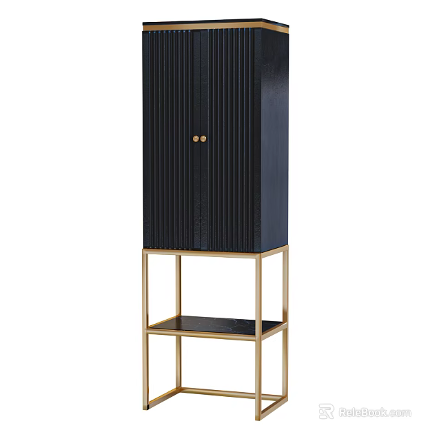 Elegant Modern Black Entryway Console Cabinet with Vertical Stripes Golden Handles Metal Frame and Shelf 3d model 