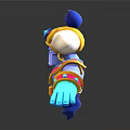 3D Blue Cartoon Character With Yellow Red Decorations Blue Gemmed Hat And Serious Expression