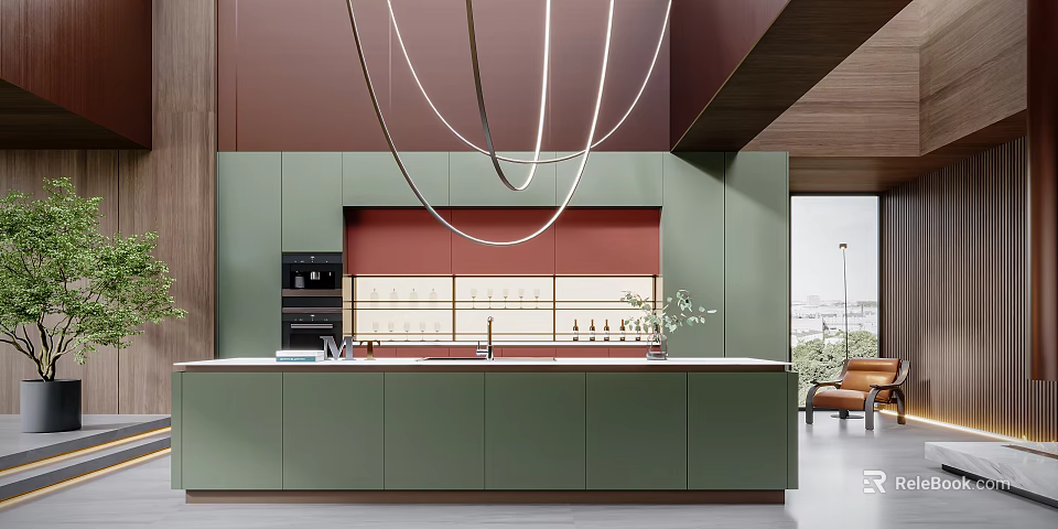 Modern Kitchen Interior Design With Green Cabinets Red Backsplash And Hanging Circular Lights 3d model 