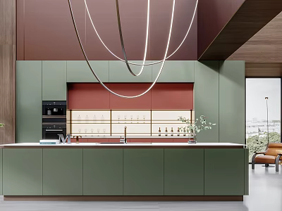 Modern Kitchen Interior Design With Green Cabinets Red Backsplash And Hanging Circular Lights 3d model
