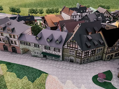 Aerial Planning of Traditional Buildings with Diverse Rooftops Cobblestone Streets and Green Spaces 3d model