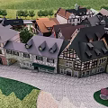 Aerial Planning of Traditional Buildings with Diverse Rooftops Cobblestone Streets and Green Spaces