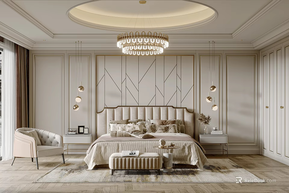 Elegant Modern Bedroom Interior With Crystal Chandelier Upholstered Headboard And Geometric Wall Panels 3d model 
