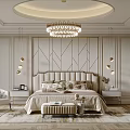 Elegant Modern Bedroom Interior With Crystal Chandelier Upholstered Headboard And Geometric Wall Panels