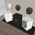 Modern Washing Machines In Various Colors On Wooden Floor With Wall Mounted Units