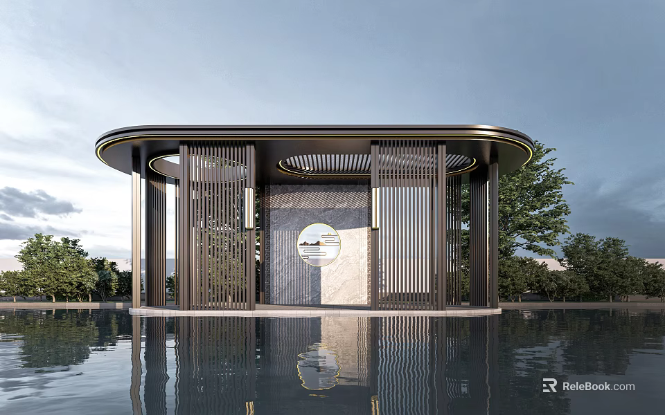 Elegant Modern Pavilion Design With Reflecting Pool And Water Reflection Landscape 3d model 