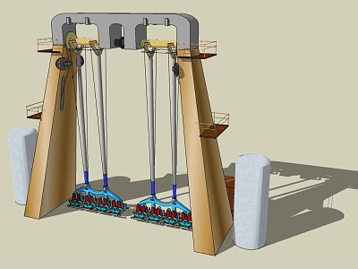 Suspended Double Arm Swing Amusement Rides with Wooden Frame Colorful Hanging Seats and White Base 3d model