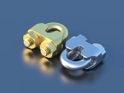 Gold And Silver Metal Shackles With Bolt Fasteners On Reflective Surface 3d model