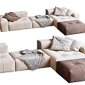 Modern Beige Sectional Sofa With Patterned Pillows Throw Blanket And Brown Ottoman 3d model