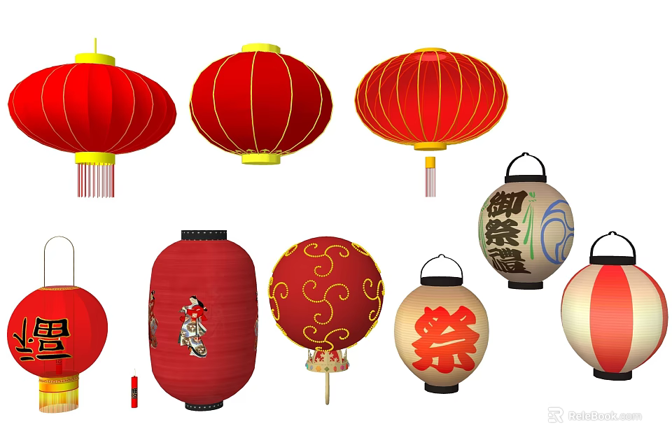 Traditional Red Chinese Lanterns with Diverse Decorative Designs and Cultural Patterns 3d model 