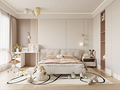 Cozy Kids Room Interior With Pink Bed Desk Toys Rug And Pendant Lights 3d model