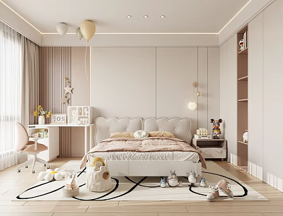 Cozy Kids Room Interior With Pink Bed Desk Toys Rug And Pendant Lights 3d model