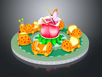 Vibrant Themed Play Architecture Featuring Pink Flower Shape Butterfly Decoration Ladybug Cars Green Circular Base 3d model