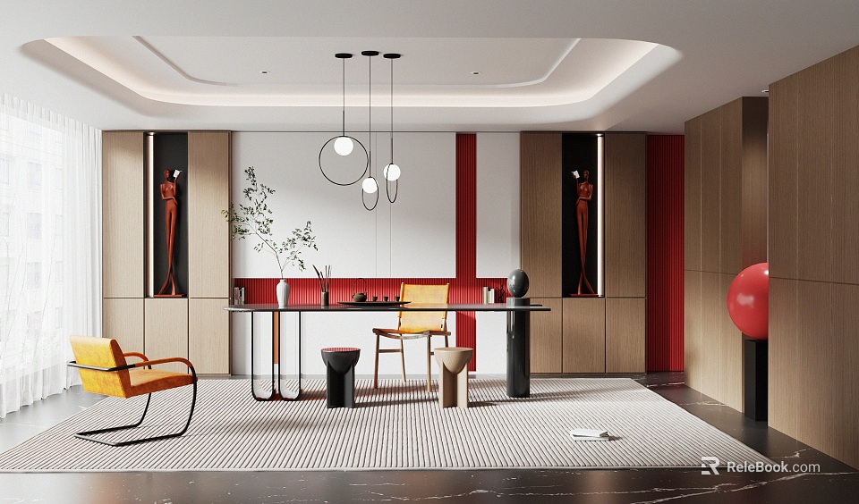 Elegant Modern Tea Room Interior With Red Accents Wooden Furniture And Pendant Lights 3d model 