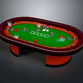 Oval Poker Table With Green Felt Surface Playing Cards Chips Dark Red Frame And Red Legs