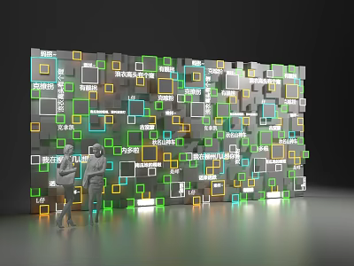 Commercial Equipment Square Panel Wall With Data Sales Stats And People Figures 3d model