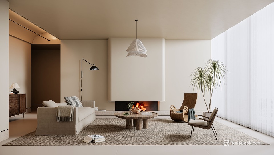 Modern Living Room Interior With Fireplace Sofa Area Rug And Pendant Light 3d model 