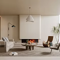 Modern Living Room Interior With Fireplace Sofa Area Rug And Pendant Light