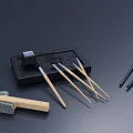 Traditional Brush Pens Ink Stone and Colored Pens with Wooden Handle Brush on Black Tray