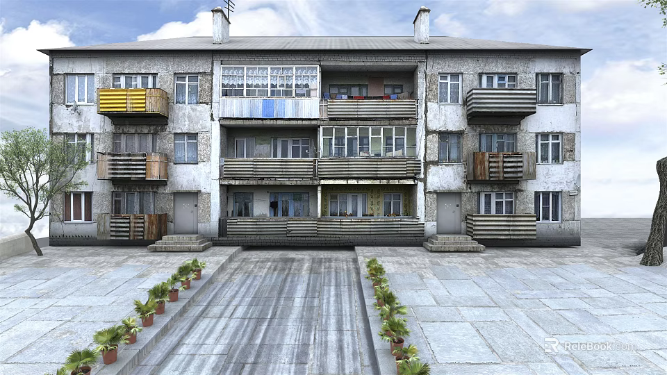 Multi Story Residential Building With Colorful Balconies Stone Pavement And Plants 3d model 