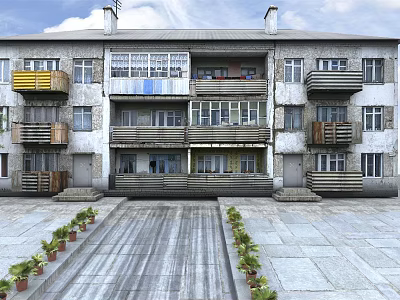 Multi Story Residential Building With Colorful Balconies Stone Pavement And Plants 3d model