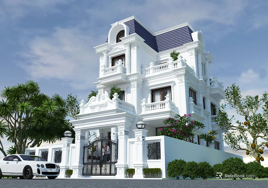 Elegant White Detached Villa With Blue Roof Balconies And Lush Greenery 3d model 