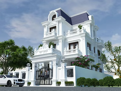 Elegant White Detached Villa With Blue Roof Balconies And Lush Greenery 3d model