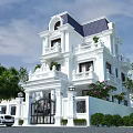 Elegant White Detached Villa With Blue Roof Balconies And Lush Greenery