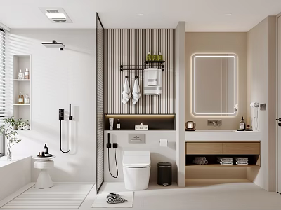 Modern Bathroom Interior Design With White Toilet Bathtub Mirror Wooden Shelves And Towels 3d model