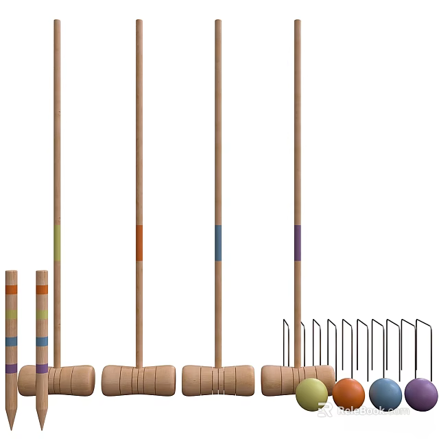 Wooden Handle Sports Equipment Poles With Colorful Stripes And Base Supports 3d model 