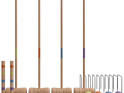 Wooden Handle Sports Equipment Poles With Colorful Stripes And Base Supports 3d model