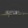 Cartoon Scene 3D Model Of Abandoned Multi Story Building With Gray Roof And Green Grassland