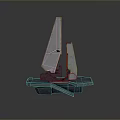 Scenic View Of Abstract Sailboat Structure On Blue Water Surface With Gray Sky