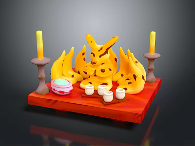Yellow Food Shaped Dessert With Candles Small Cups And Pink White Container On Red Base 3d model