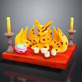 Yellow Food Shaped Dessert With Candles Small Cups And Pink White Container On Red Base