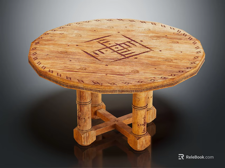 Round Wooden Dining Table With Carved Surface And Cross Legs Design 3d model 