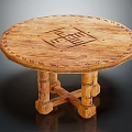 Round Wooden Dining Table With Carved Surface And Cross Legs Design