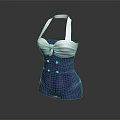 Stylish Blue And White Halter Neck Swimsuit With Ruffled Top And Button Details