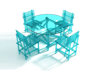 Turquoise Dining Table Set With Round Glass Top And Four Woven Chairs 3d model