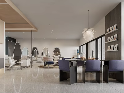 Modern Beauty and Hair Salon Interior Design With Styling Chairs Mirrors Pendant Lights Wall Decor 3d model