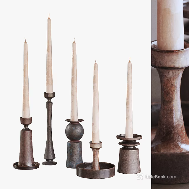 Rustic Decorative Ornament Set With Tall White Candles And Assorted Metal Candle Holders 3d model 