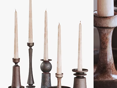 Rustic Decorative Ornament Set With Tall White Candles And Assorted Metal Candle Holders 3d model